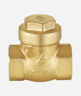Gold colored brass swing check valve with female x female connection and a visible marking indicating the size of 1/2 inch - 4 inch.