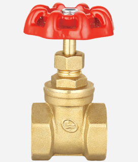 A brass gate valve with a red plastic handle, shown against a plain white background.