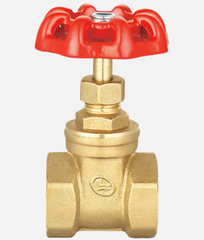 A brass gate valve with a red plastic handle, shown against a plain white background.