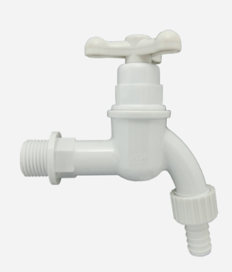 A white plastic garden tap with a cross handle and threaded connections.