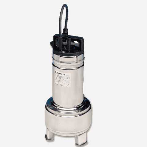 A stainless steel submersible pump with a black top housing and a black cable, featuring a white label on the side, shown against a light gray background.