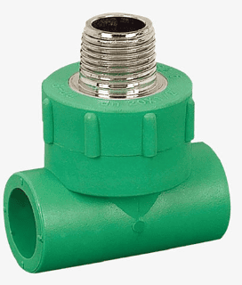 A green PPR male T-piece plumbing fitting with a threaded male connector on the top and two female connectors on the sides.