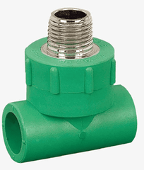 A green PPR male T-piece plumbing fitting with a threaded male connector on the top and two female connectors on the sides.