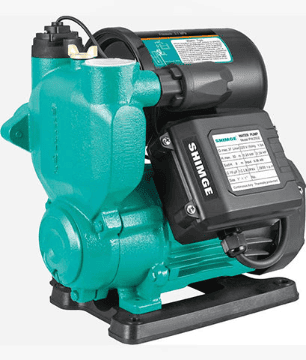 A SHIMGE water pump with a teal green cast iron body and a black electric motor housing, shown on a plain white background.