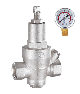 A silver-colored pressure reducing valve made of brass, featuring a gauge and adjustment screw, intended for use in HVAC systems.