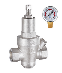 A silver-colored pressure reducing valve made of brass, featuring a gauge and adjustment screw, intended for use in HVAC systems.