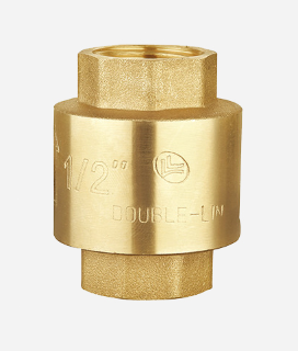 A gold-colored brass double-lin check valve with 1/2-inch to 4/5-inch size range, featuring female X female connection and stainless steel spring.