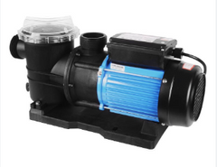 A Techno STP swimming pool pump with a black motor casing and blue pump cover, designed for pulling and pushing water through a swimming pool system.