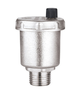 Automatic air vent valve, typically used in plumbing systems, showing a metallic finish with a threaded connection and an automatic opening mechanism.