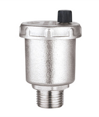 Automatic air vent valve, typically used in plumbing systems, showing a metallic finish with a threaded connection and an automatic opening mechanism.